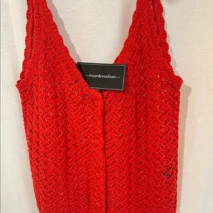 Red knit vest white cardigan & handbag